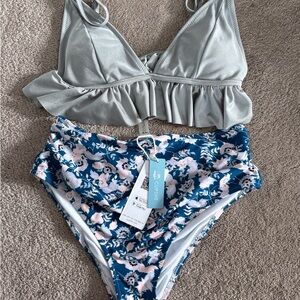 Cupshe Gray Ruffled Top with Blue Floral Bottom Bikini